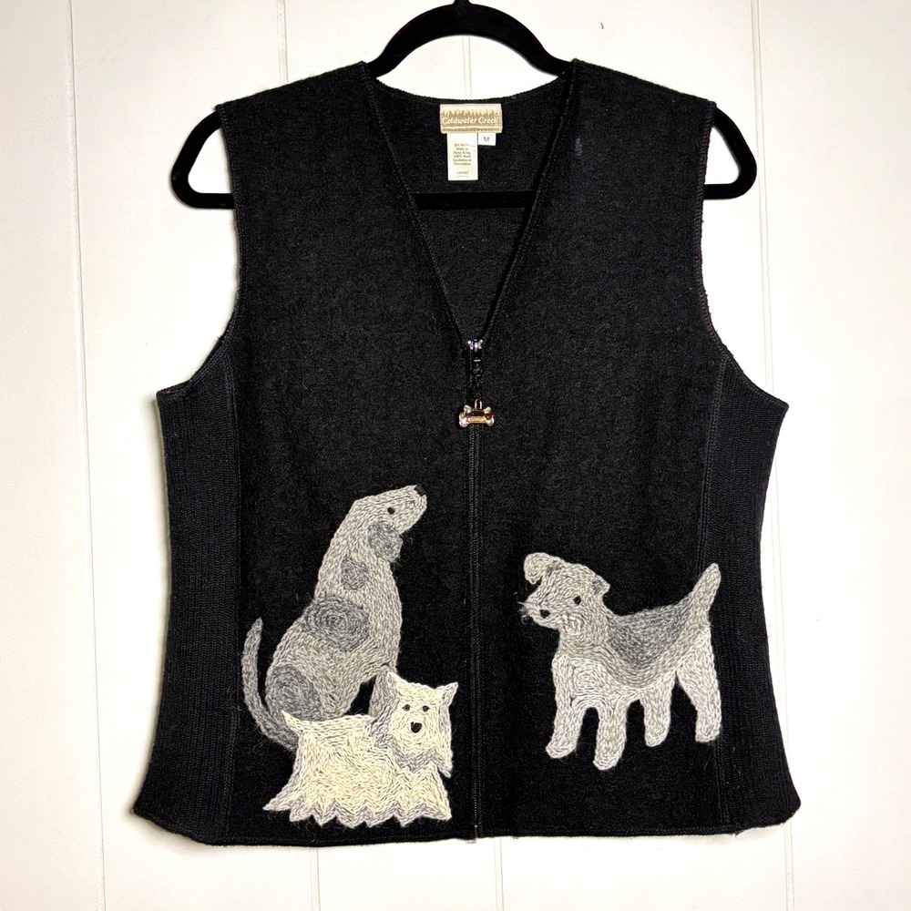 Coldwater Creek Vintage Black 100% Wool Dog Embroidered Zip Up Vest M Whimsical